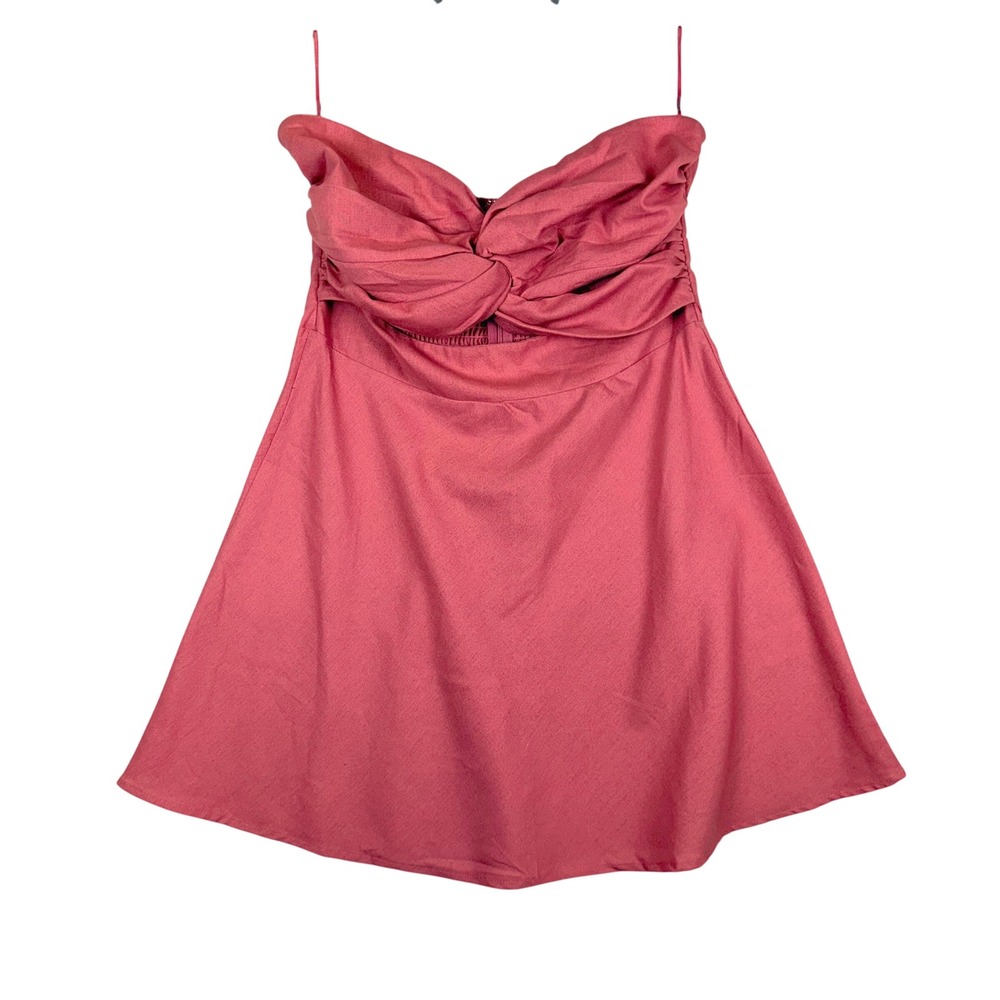 Linen Blend Twist Front Strapless Mini Summer Dress L Mi Ami Coquette Sweetheart - Picture 1 of 7